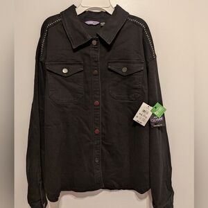 Black Stud-Trim Button-Front Jean Jacket